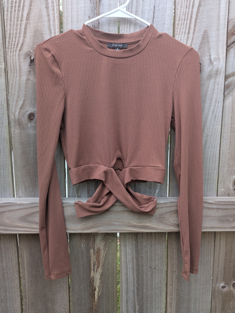 Love Tree Ribbed Long Sleeve Twist-Front Crop Top - Mauve Brown